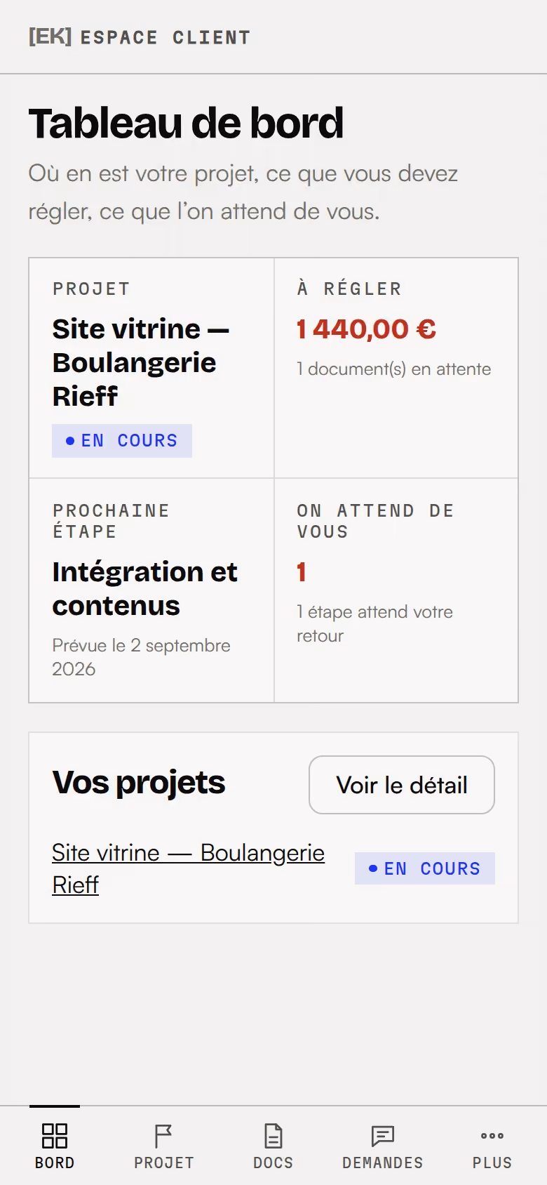 Le tableau de bord du portail sur téléphone : le projet en cours et ses derniers événements.