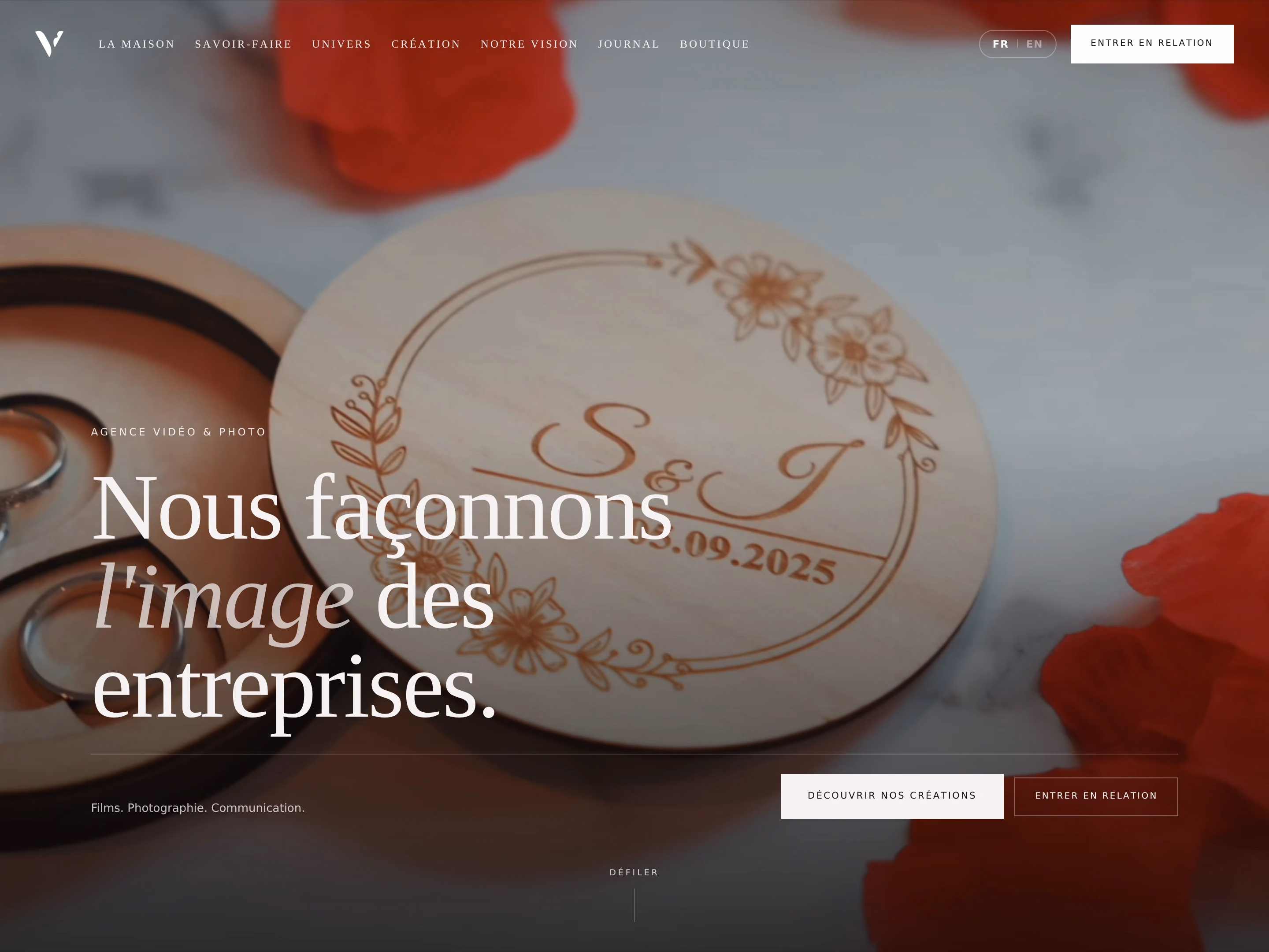 Page d’accueil du site DB Vision : vidéo plein écran en ouverture, sur un film de mariage, navigation éditoriale.
