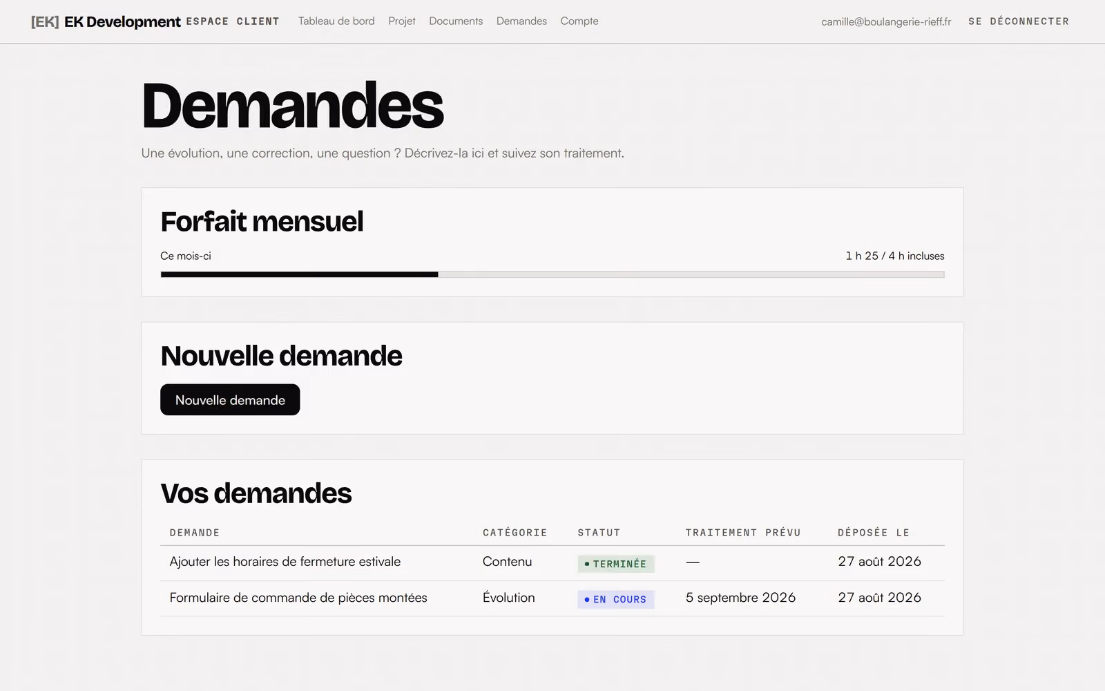 Tableau des demandes d’évolution, avec leur objet, leur date et leur état d’avancement.