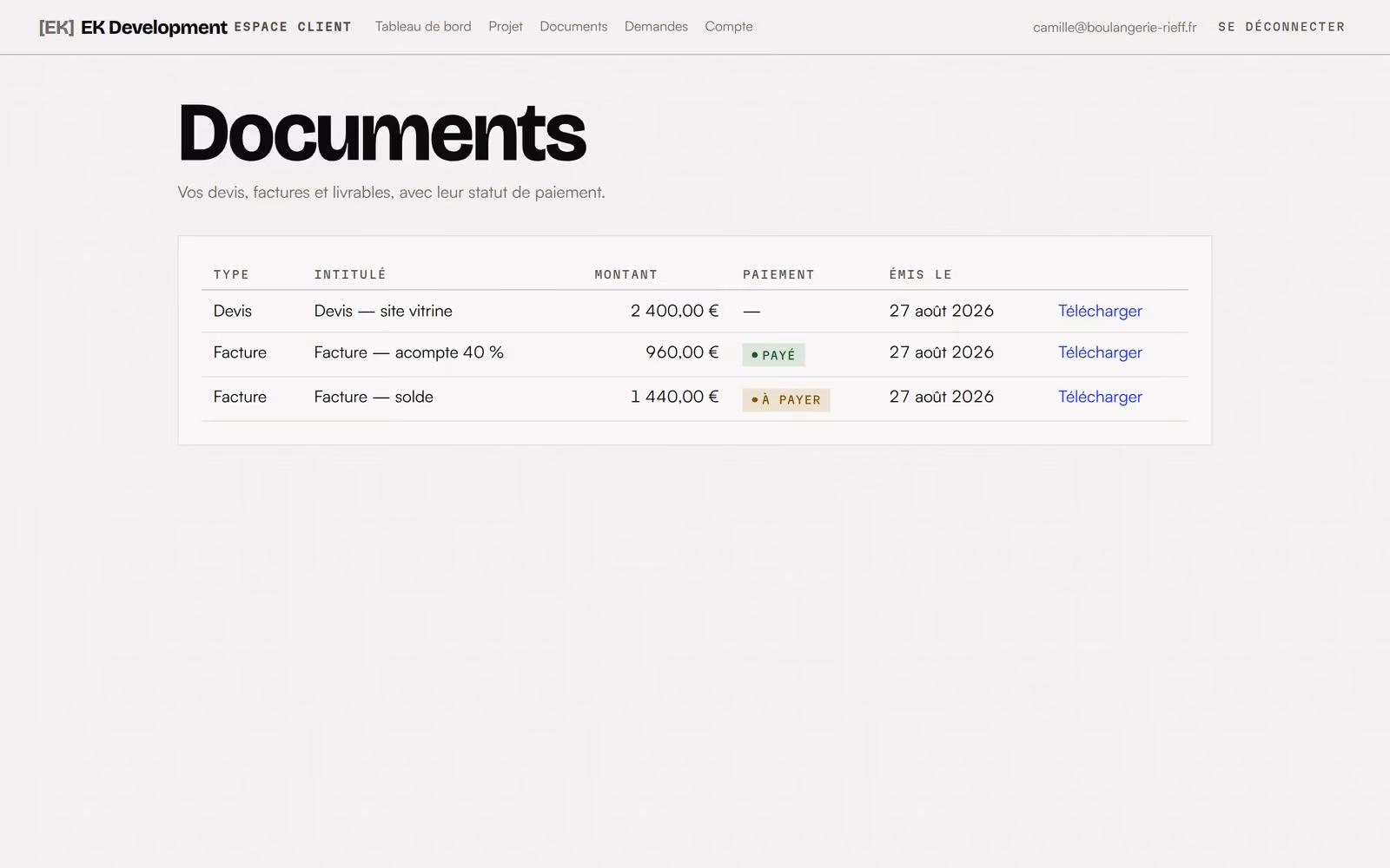 Tableau des documents : devis et factures avec leur date, leur montant et leur statut de paiement.